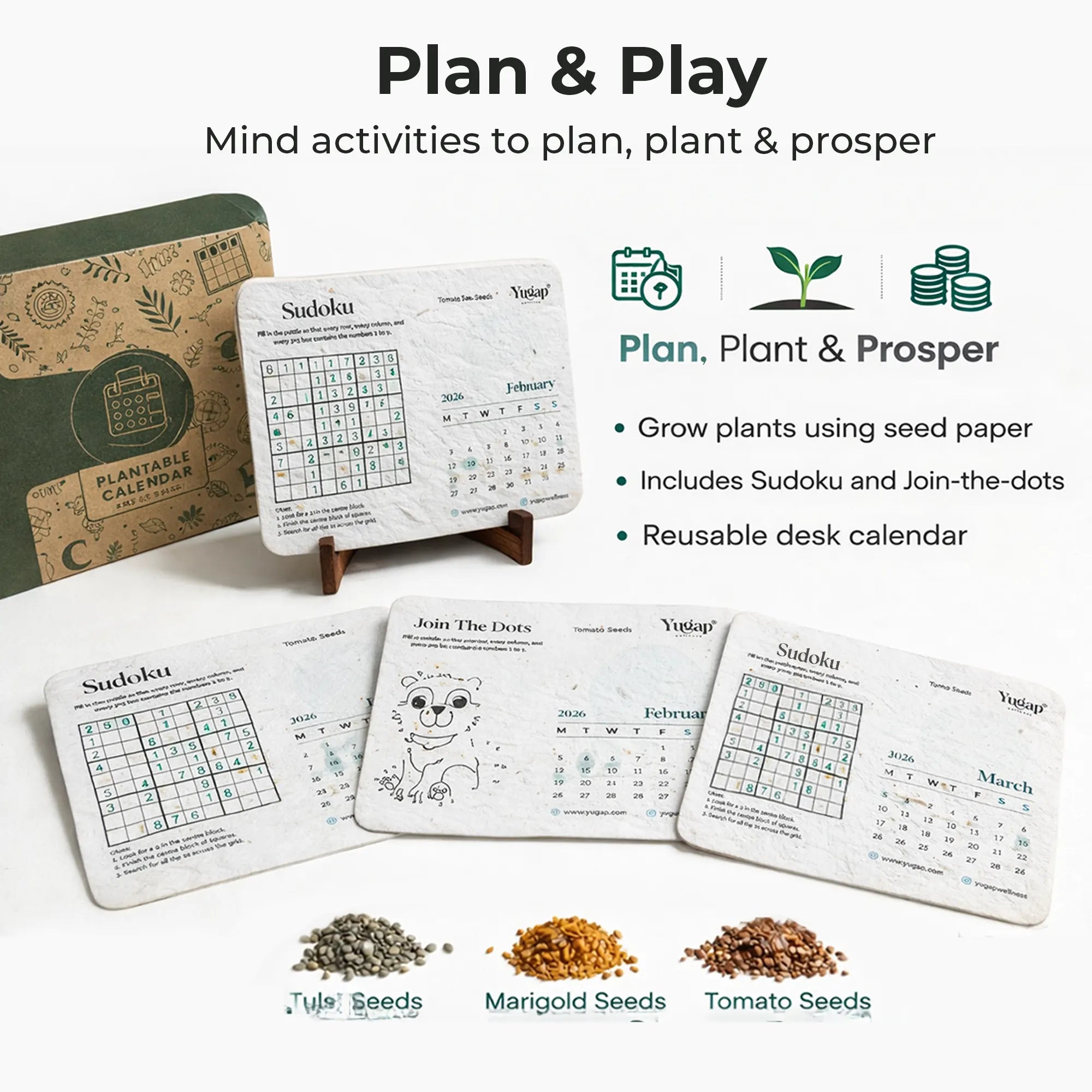 Educational and recreational product with Sudoku, calendar, and seed paper components on a white background.