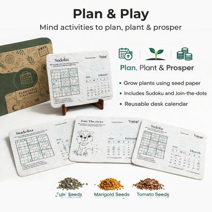 Educational and recreational product with Sudoku, calendar, and seed paper components on a white background.