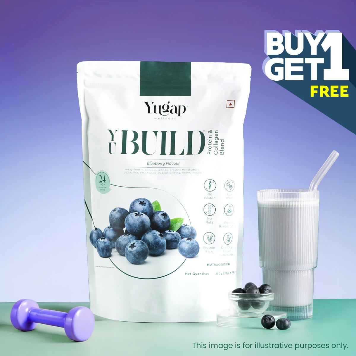YuGap YuBuild whey protein and collagen blend pack with fresh blueberries, a glass of protein shake, and dumbbells on a gradient background, featuring a Buy 1 Get 1 Free offer.