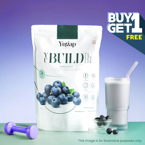 YuGap YuBuild whey protein and collagen blend pack with fresh blueberries, a glass of protein shake, and dumbbells on a gradient background, featuring a Buy 1 Get 1 Free offer.