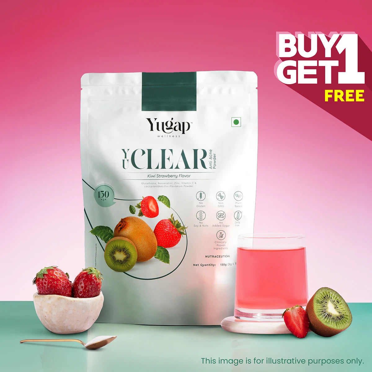 YuGap YuClear anti-acne probiotic supplement pack with kiwi, strawberries, and a glass of pink drink on a vibrant gradient background, showcasing a Buy 1 Get 1 Free offer.