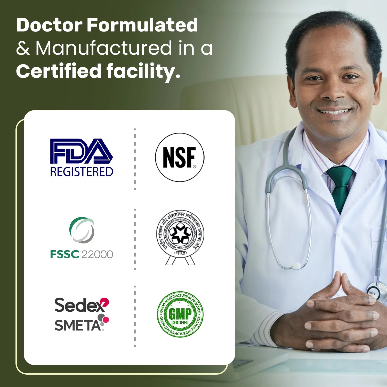 Doctor in a white coat with stethoscope, certification logos on a green background