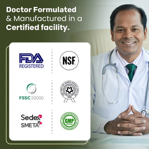 Doctor in a white coat with stethoscope, certification logos on a green background