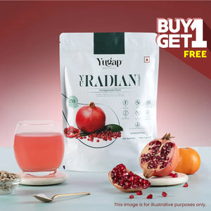Yugap YuRadian collagen package with pomegranate juice and fruit on a gradient background
