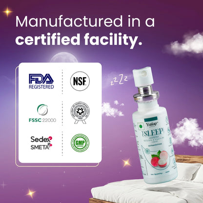 Yugap sleep product with certification logos on a purple background