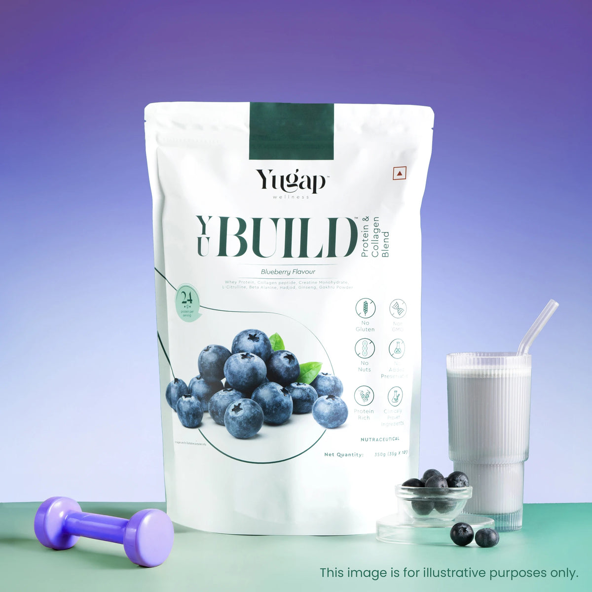 Blueberry collagen skin supplement protein powder pouch with fresh blueberries, glass of blended drink, and dumbbell in a gradient background.