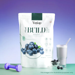 Blueberry collagen skin supplement protein powder pouch with fresh blueberries, glass of blended drink, and dumbbell in a gradient background.
