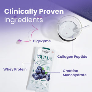 Yogap protein powder package with labeled ingredients on a purple background