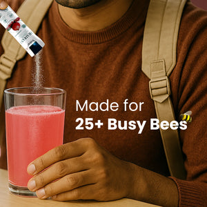 Man pouring collagen skin supplement powder into a pink drink, for active adults over 25, with ‘Made for 25+ Busy Bees’