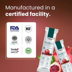 Collagen skin supplement sachets with pomegranate, showing FDA, NSF, GMP, SMETA, and FSSC 22000 certifications, manufactured in a certified facility.