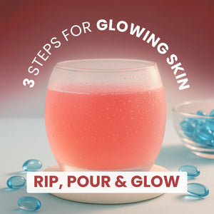 Glass of pink collagen skin supplement drink for glowing skin, 3-step routine with capsules and ‘RIP, POUR & GLOW’