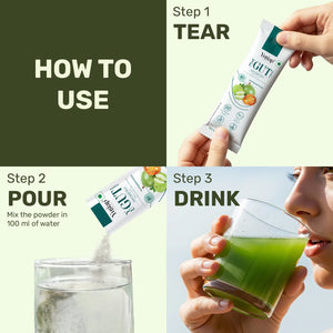 Instructions on how to use a powder supplement, including tearing the packet, pouring the powder into water, and drinking the solution.