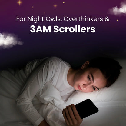 Woman lying in bed scrolling smartphone at 3 AM, promoting Yugap sleep spray for night owls, overthinkers, and late-night scrollers seeking restful sleep