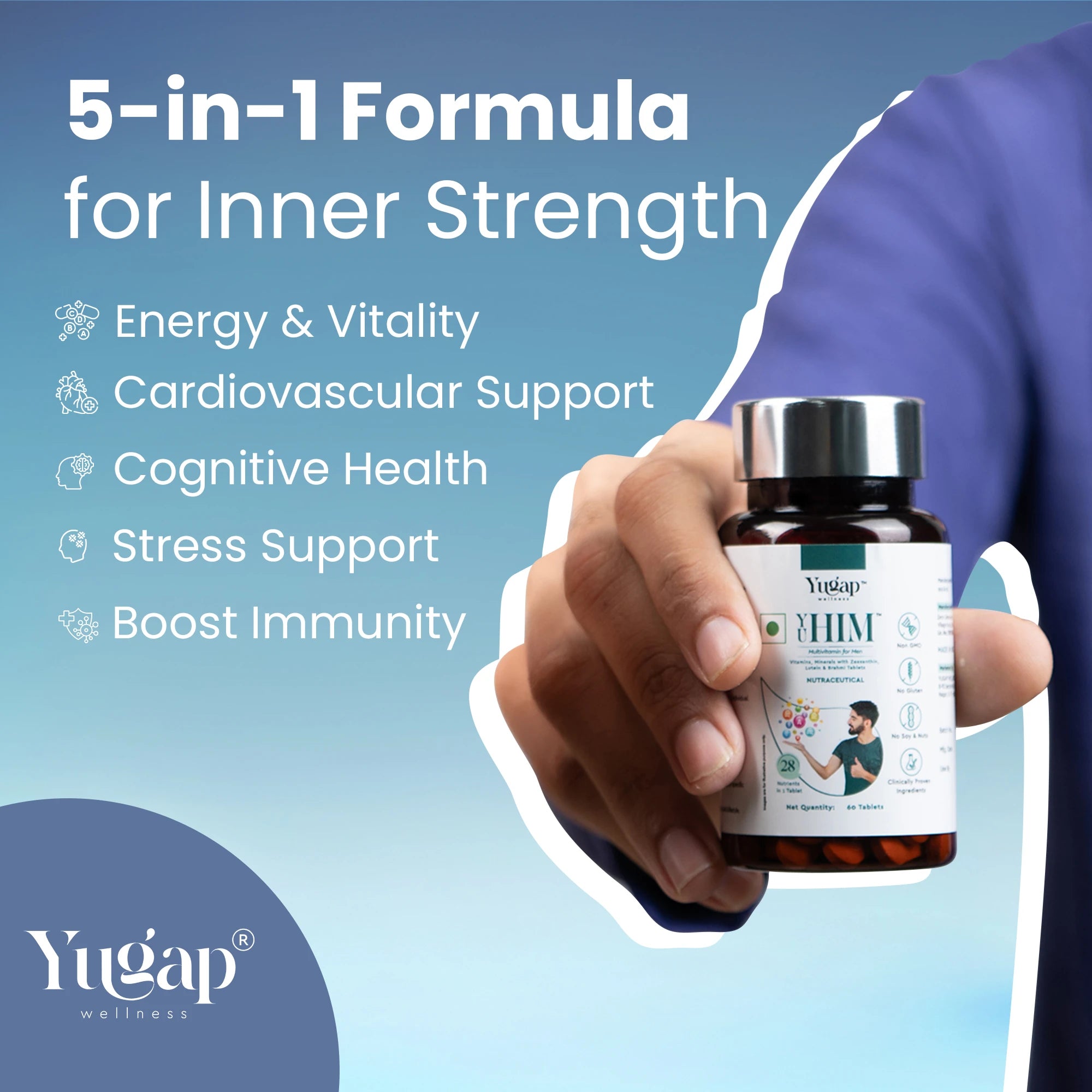 Hand holding a supplement bottle with 'Yugap Wellness' branding against a blue background