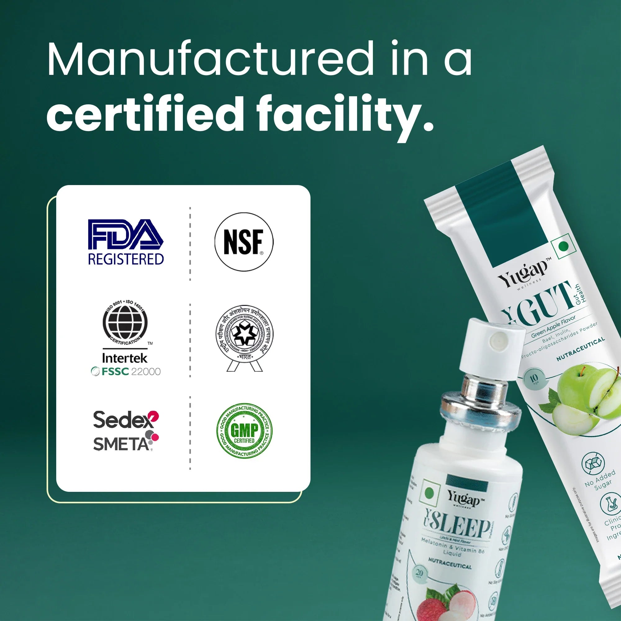 Yogurt with a green background and certification logos on the left.