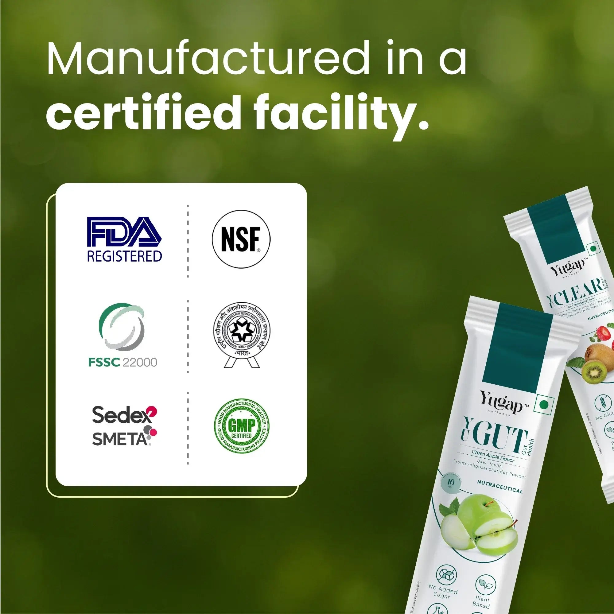 YuGut and YuClear gut and skin health combo manufactured in certified facilities with FDA, GMP, and FSSC 22000 compliance for quality assurance.