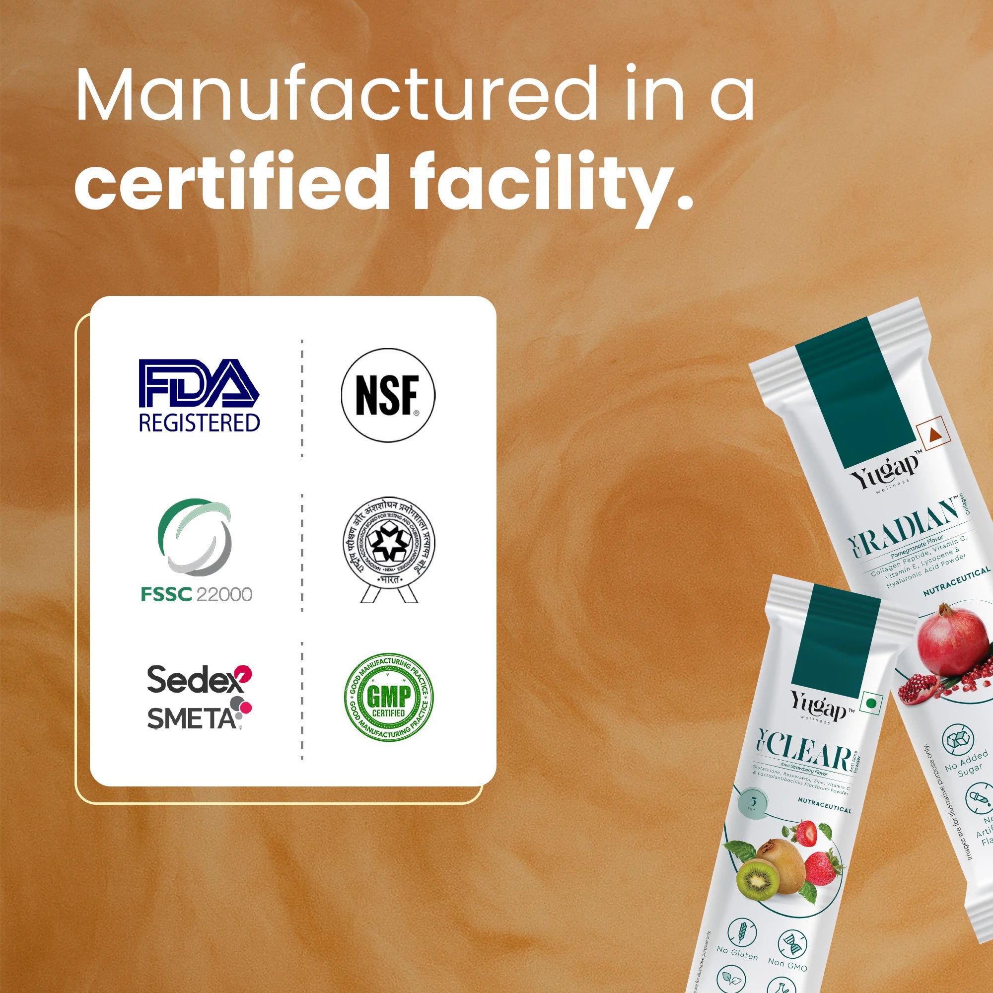 Yogurt drink packets with certification logos on a brown background