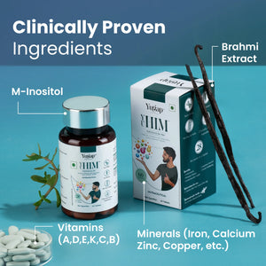 Yugap supplement bottle and box on teal surface with labeled clinically proven ingredients: M-Inositol sprig, Brahmi extract pods, white vitamin capsules (A, D, E, K, C, B), and minerals like iron, calcium, zinc, and copper