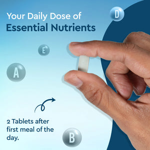 Hand holding a single white Yugap tablet between fingers against a blue background with floating “A,” “B,” “D,” and “E” vitamin icons, and text indicating two tablets after the first meal for essential nutrients
