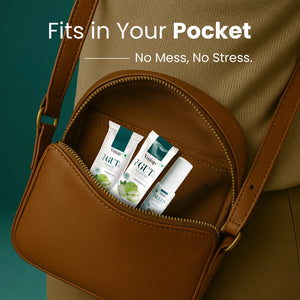 Brown crossbody bag pocket holding two Yugap YGute apple probiotic sachets and one Yugap Sleep spray sachet, illustrating portable, no-mess, convenient wellness products