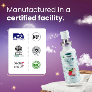 Product bottle with certification logos on a purple background