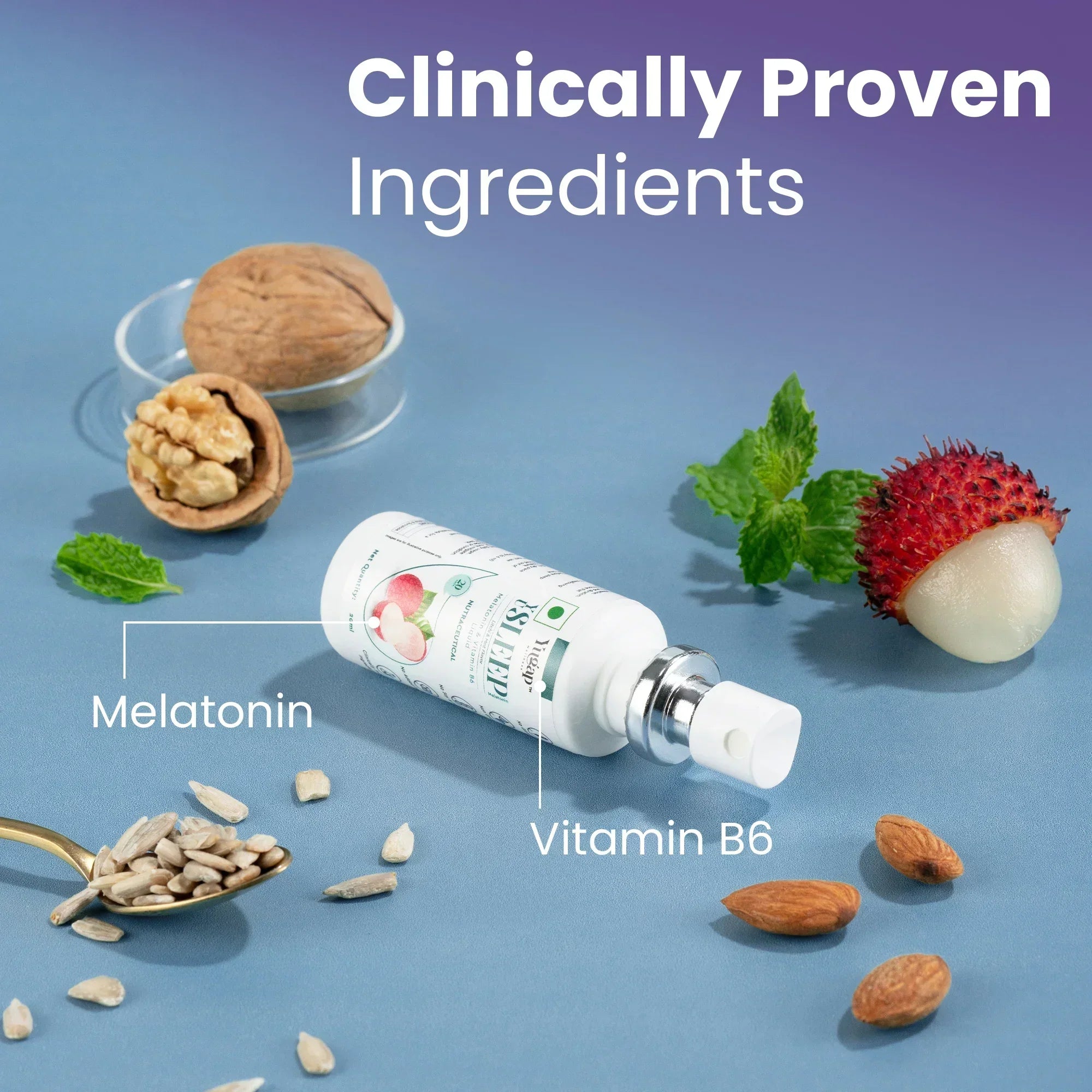Yugap sleep spray bottle with melatonin and vitamin B6 ingredients displayed alongside walnuts, lychee, almonds, and seeds on blue background highlighting clinically proven formula