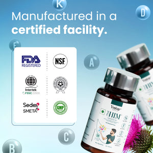 Vitamins bottles with certification logos on a blue background