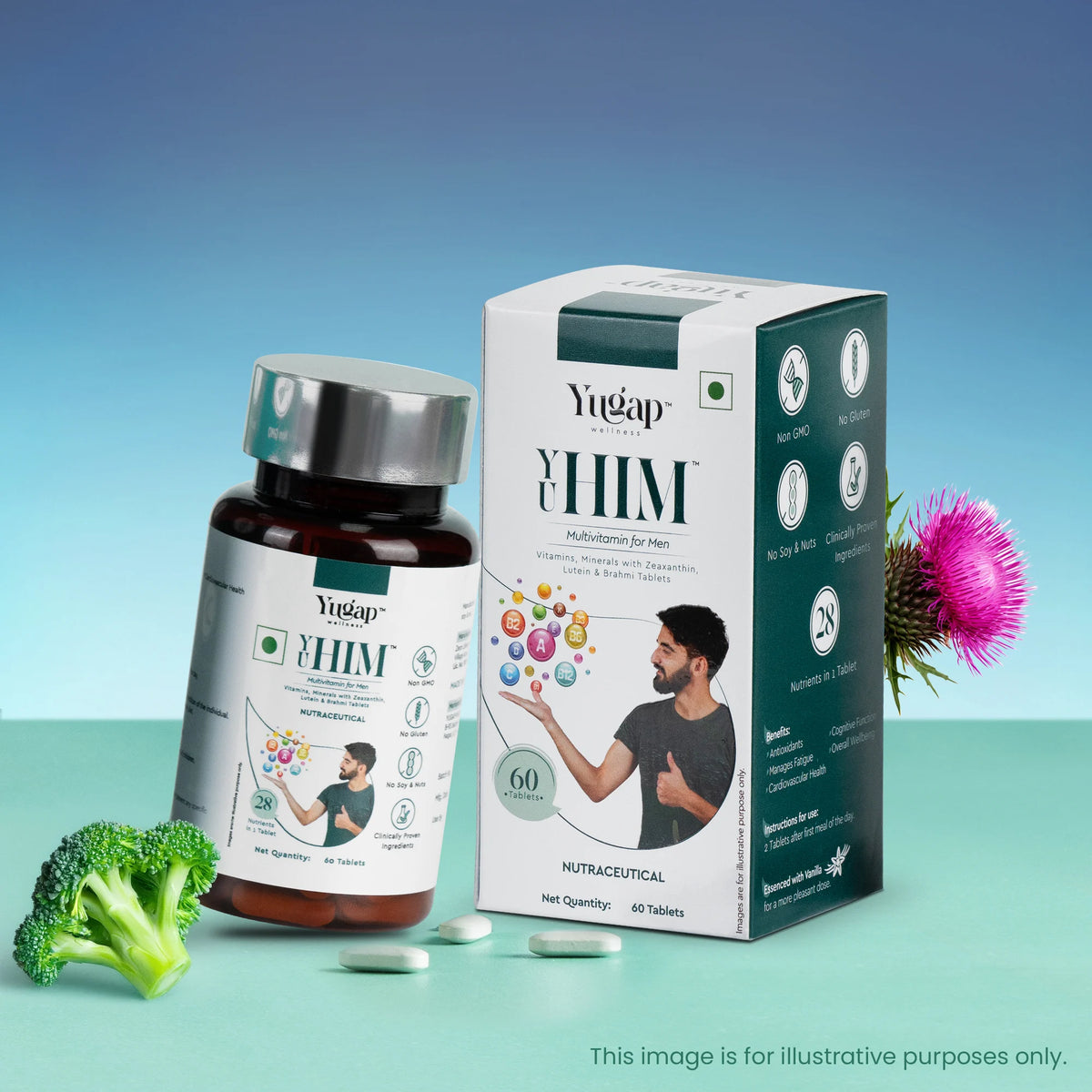Yugap immune-support vegan supplement bottle and box with broccoli and milk thistle botanicals on teal backdrop