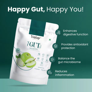 Yugap Gut health supplement package with green background and text highlighting benefits