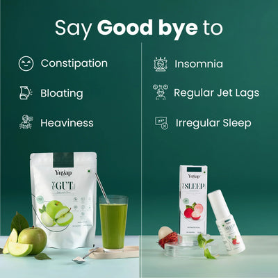Yugap YGute apple probiotic pouch and green juice alongside Yugap Sleep spray with box on green background, highlighting relief from constipation, bloating, heaviness, insomnia, jet lag, and irregular sleep