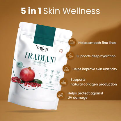 Yugap Yradlan skin wellness product packaging with benefits listed on a brown background