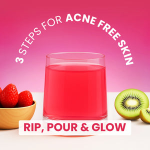 Glass of pink juice with strawberries and kiwi on a pink background, promoting '3 Steps for Acne Free Skin' with text 'RIP, POUR & GLOW'.