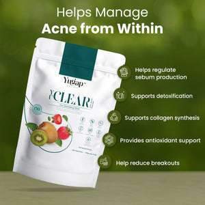 Yugap Yuclear kiwi strawberry pouch on natural green background with icons highlighting acne management benefits: regulates sebum, supports detox, promotes collagen synthesis, provides antioxidants, reduces breakouts