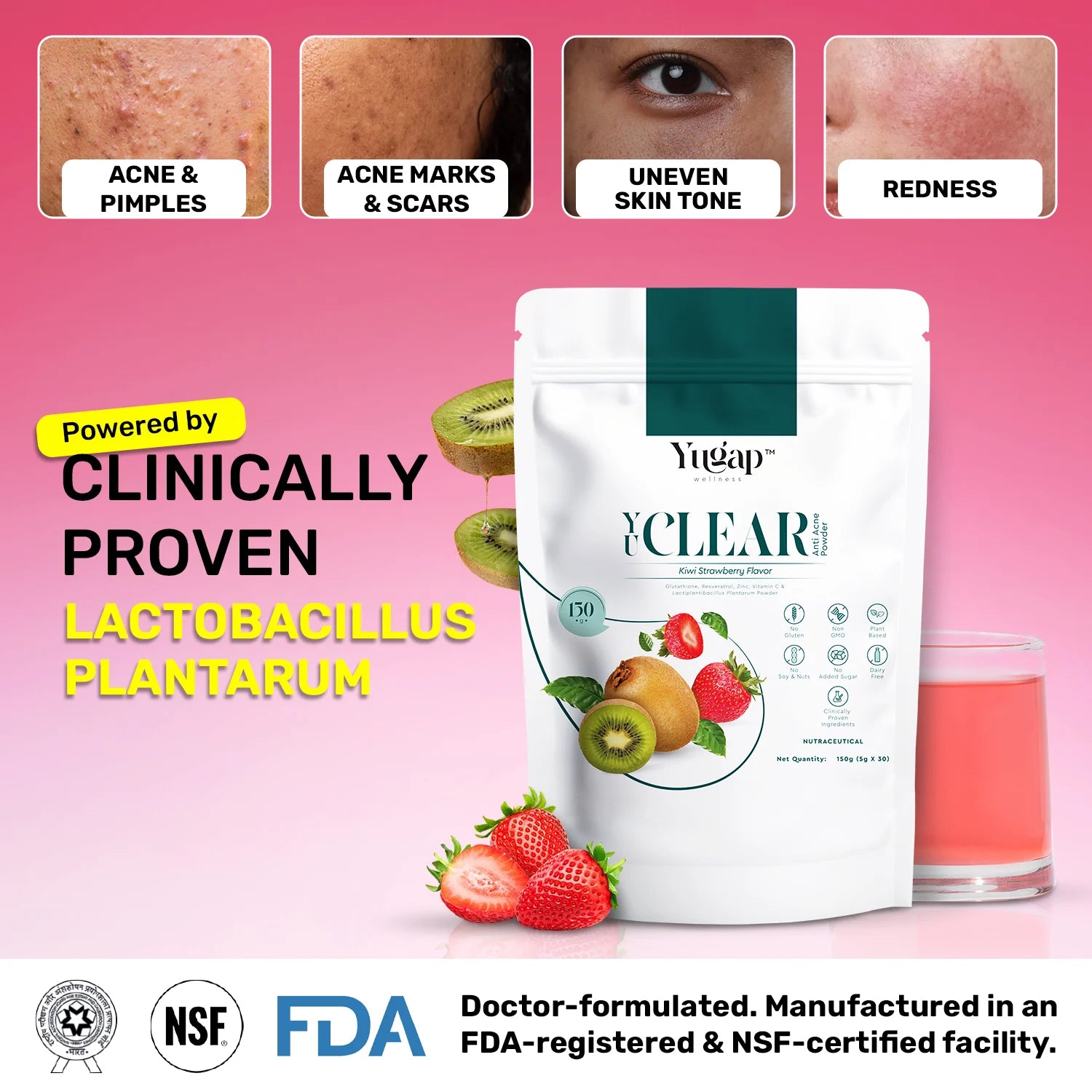 Yugap Yuclear supplement pack promoting clear skin inside and out, surrounded by fresh kiwi, strawberry and peach slices with a glass of pink fruit drink on a pink gradient background