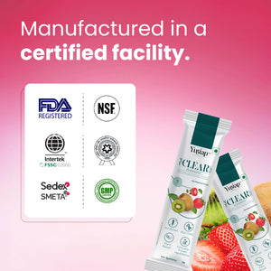 Yugap Yuclear supplement sachets displayed beside FDA, GMP, NSF, and Intertek certification logos with a pink background, highlighting safe and certified manufacturing.