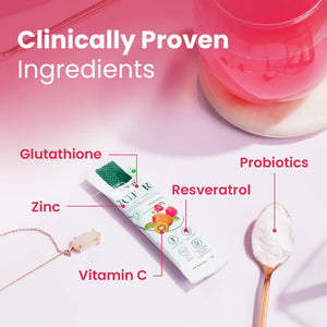Yugap Yuclear supplement sachet with labeled clinically proven ingredients like glutathione, probiotics, vitamin C, zinc, and resveratrol, shown on a pink and white background with a pink health drink, highlighting benefits for acne, glow, detox, and skin health.