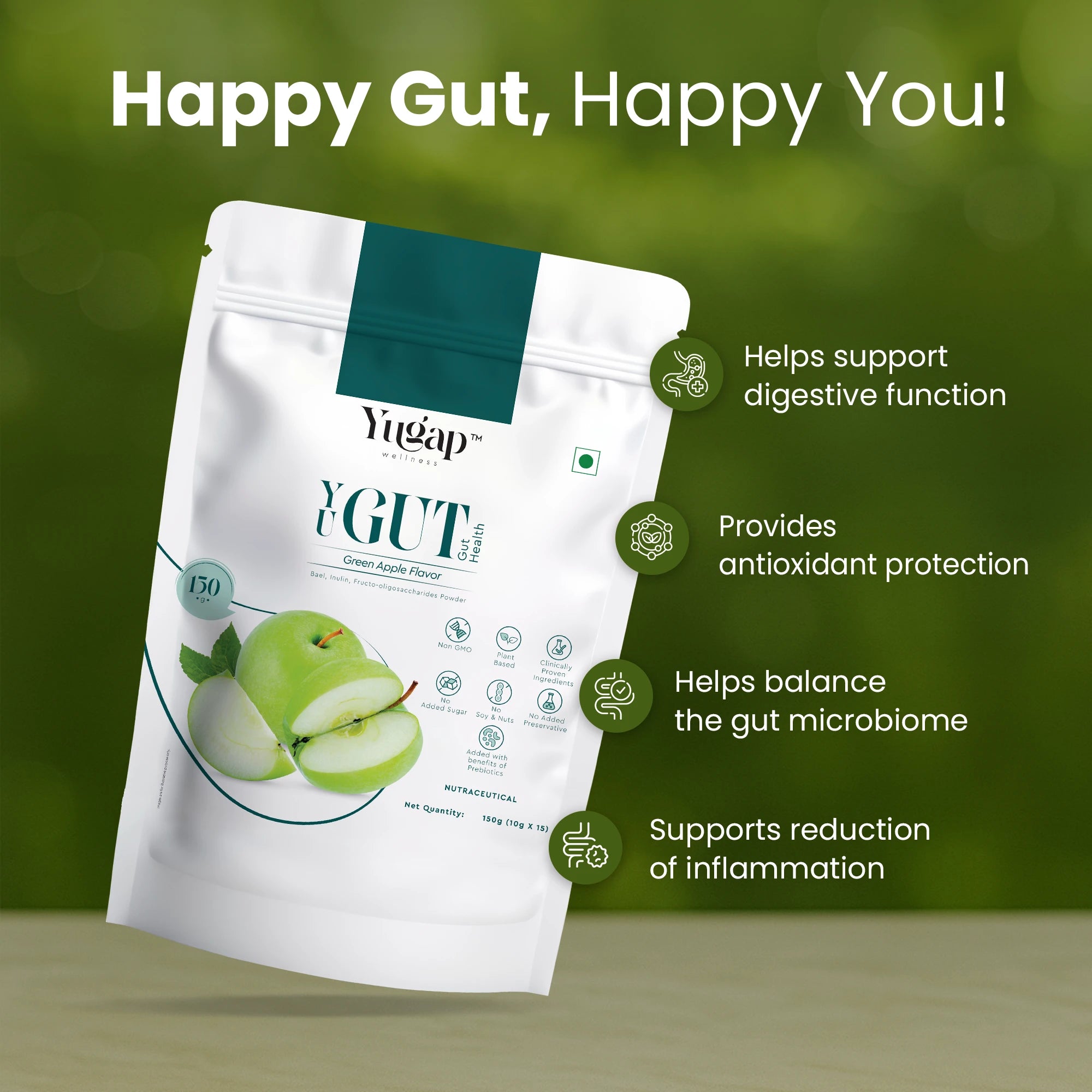 Yugap Yugut apple probiotic pouch on nature-inspired background with icons listing gut health benefits: supports digestion, provides antioxidants, balances microbiome, reduces inflammation