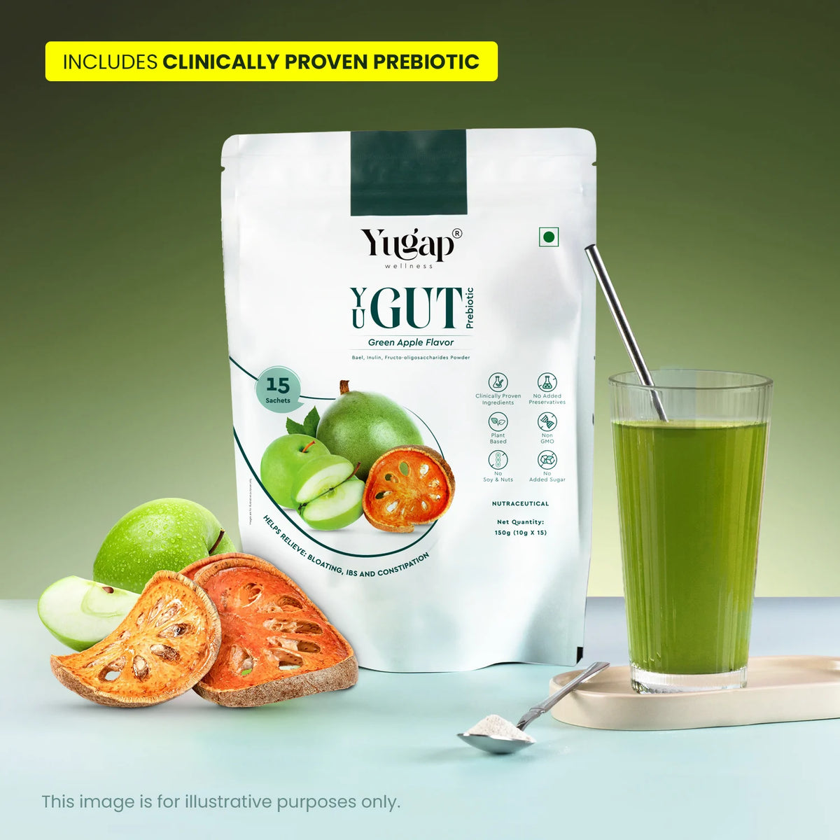 Yugap YUGUT Prebiotic supplement pouch in Green Apple flavor, displayed with fresh green apples, dried wood apple (bael) slices, and a glass of prepared green juice.