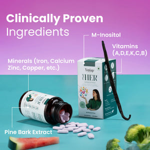 Supplement packaging with pills, a bottle, and text on clinically proven ingredients against a teal and purple background.