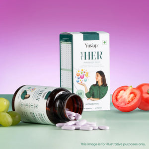 Yugap Her nutritional supplement packaging with pills and fruits on a gradient background