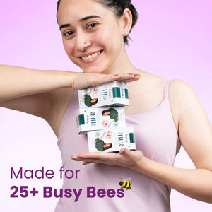 Woman holding boxes with a pink background and text 'Made for 25+ Busy Bees'.