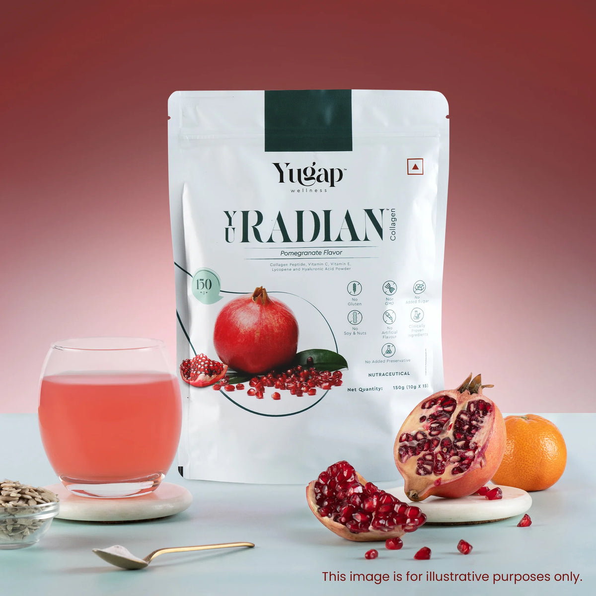 YuRadian collagen sachet by Yugap with pomegranate flavor and pink drink, promoting skin glow and hydration.