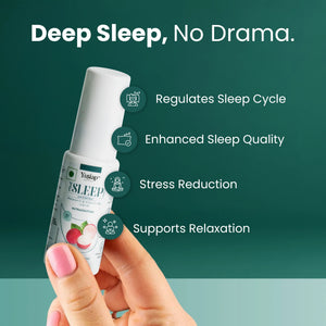 Hand holding Yugap sleep spray bottle against dark green background with icons and text listing benefits: regulates sleep cycle, enhances sleep quality, reduces stress, and supports relaxation