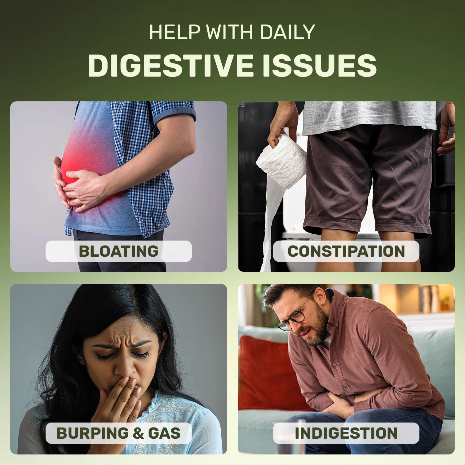Four images showing symptoms of digestive issues with text labels on a green background.