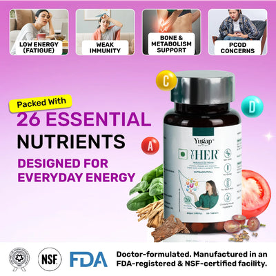 Yugap immune-support vegan supplement bottle and box with shatawar and pine bark extract botanicals on pink backdrop.