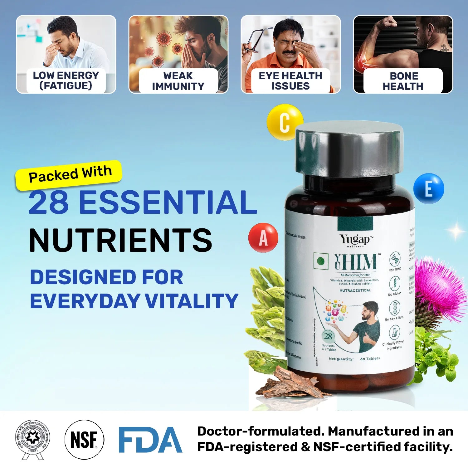 Yugap immune-support vegan supplement bottle and box with broccoli and milk thistle botanicals on teal backdrop.