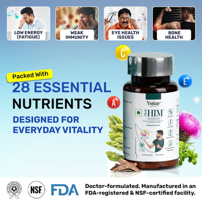 Yugap immune-support vegan supplement bottle and box with broccoli and milk thistle botanicals on teal backdrop.